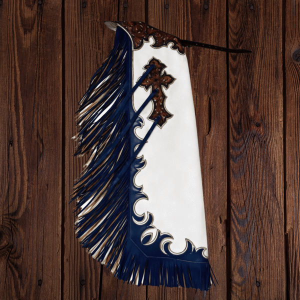 Western Leather Chaps 2026 White & Blue Fringe Cowboy Rodeo Riding Cross Tooling