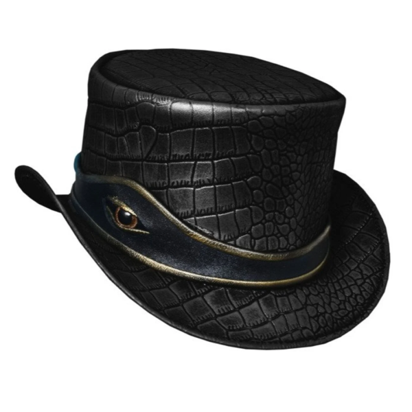 Handcrafted Black Leather Crocodile Style Top Hat,Eye Band Victorian Steampunk Hat