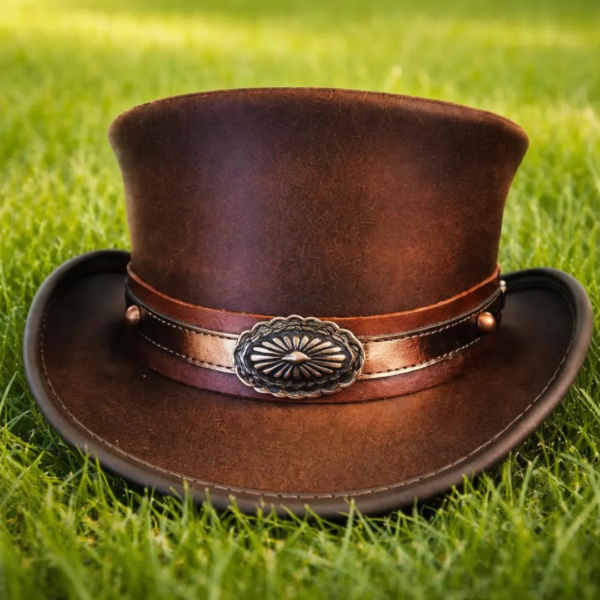 Brown Leather Top Hat Handcrafted Leather Hat , Conchos Style Band Gothic Hat / Steampunk Top Hat Gifts For Him , Gifts For Men