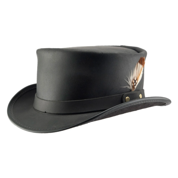 Handcrafted Black Leather Top Hat, Gothic Steampunk Style with Feather Band