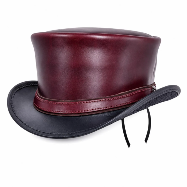 Maroon Black Leather Top Hat, Handcrafted Gothic Steampunk Style Cowboy Hat